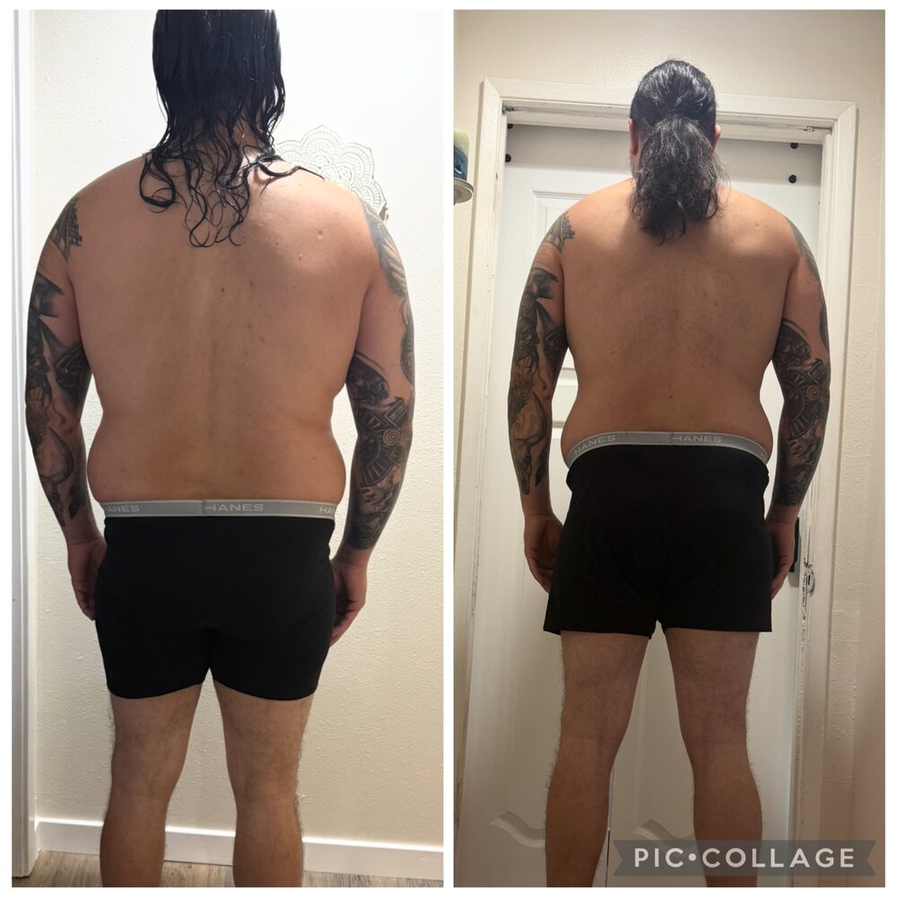 Bradley Oana personal transformation — back view, fat loss with sleeve tattoos visible. Hawaiian-by-blood online coach.