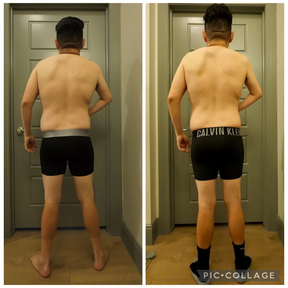Commotion Fitness male client transformation — back view, back fat reduction and lat development with Brad Oana coaching.