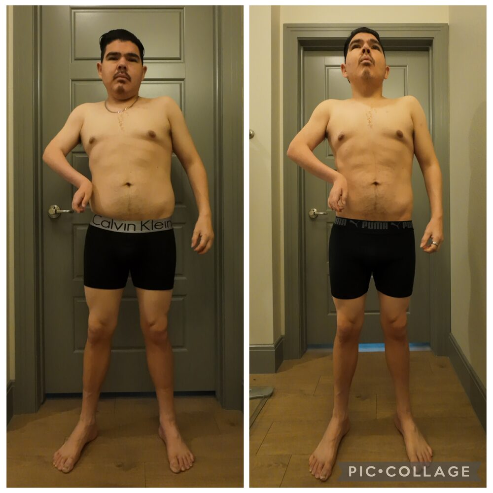 Commotion Fitness male client transformation — front view, midsection fat loss with Brad Oana online coaching program.