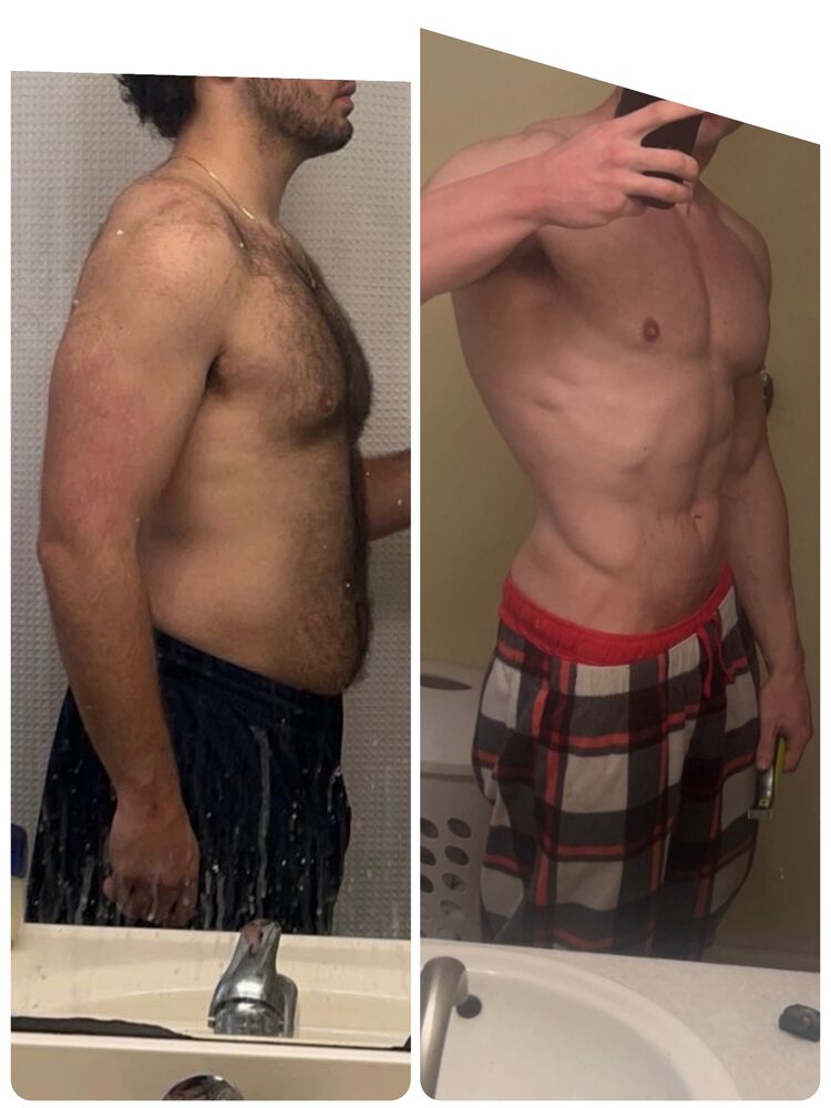 Commotion Fitness coaching client — side-profile transformation, belly fat to visible abs with Brad Oana online coaching.