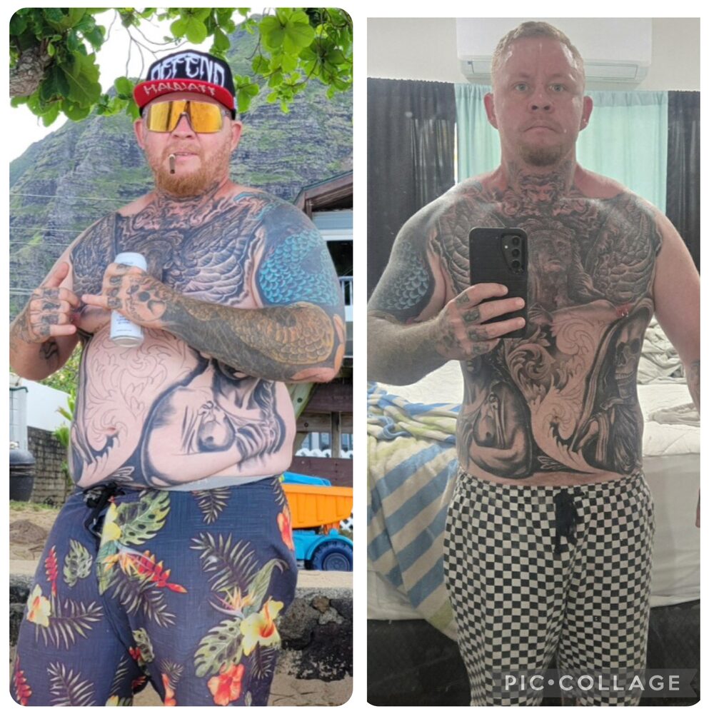 Commotion Fitness coaching client — heavily tattooed male, major body recomposition transformation with Brad Oana online coaching.